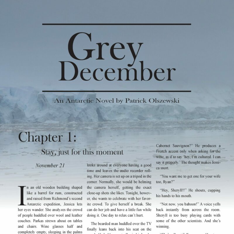Literary magazine spread with a faded background of glaciers and mountains of ice.