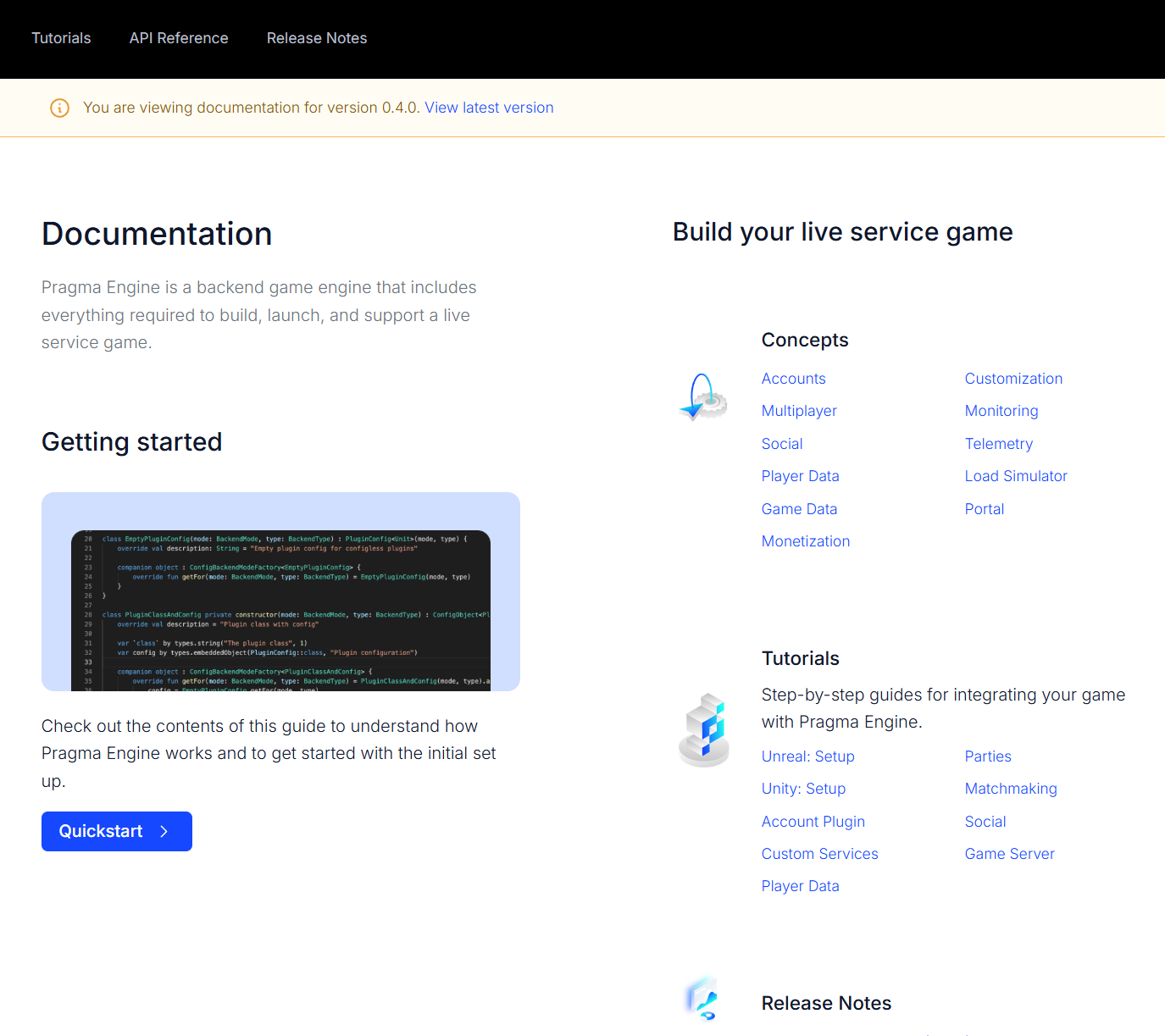 Landing page for Pragma Engine's documentation site.